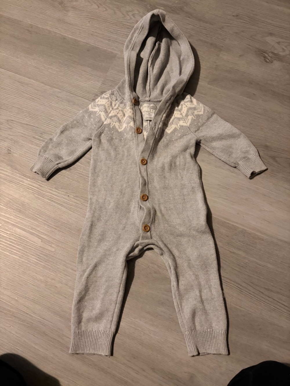 Hooded Knit Baby One-Piece in Light Gray with Fair Isle Yoke